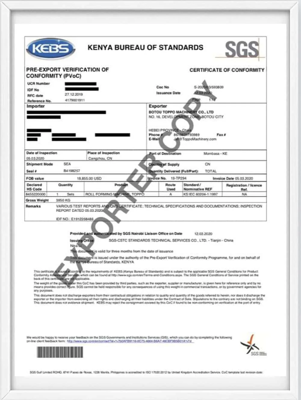 TOPPO Machinery SGS pre-export verification of conformity certificate